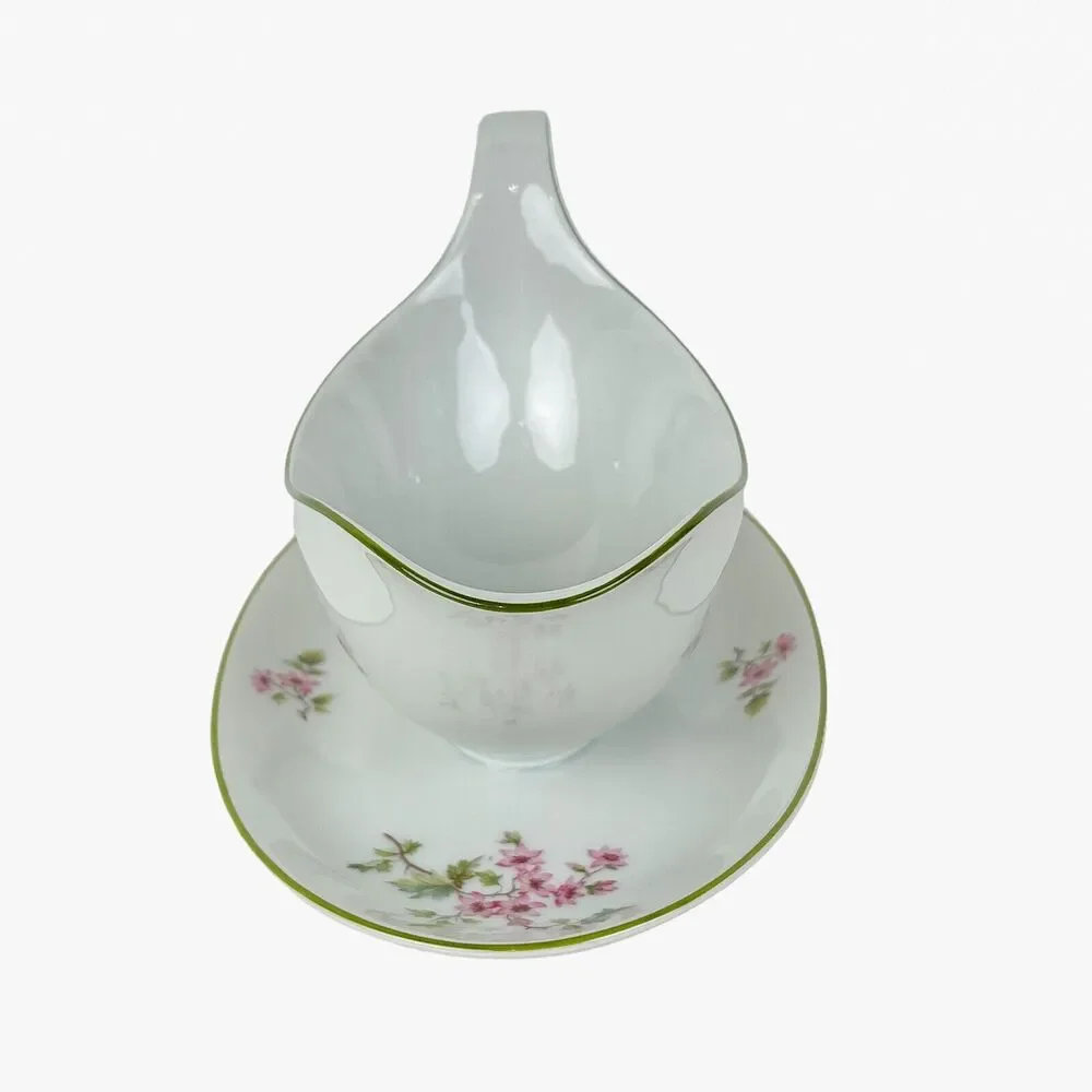 Gravy Boat Hutschenreuther Selb Bavaria Attached Underplate Handle Pink Flowers
